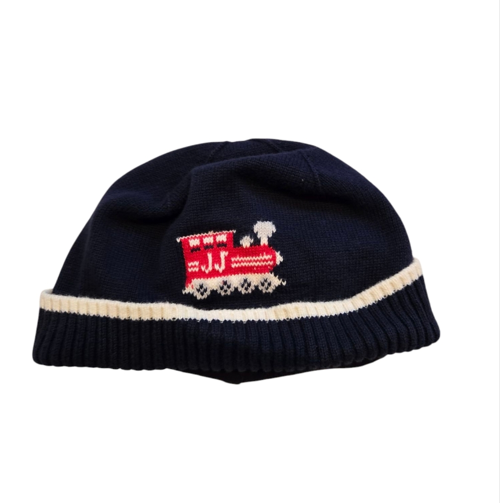 Janie And Jack Navy Blue Beanie with Train Design